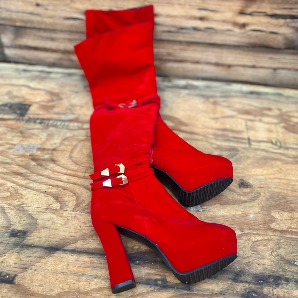 UNBRANDED.| Red Velvet Velour Over the Knee Boots 10